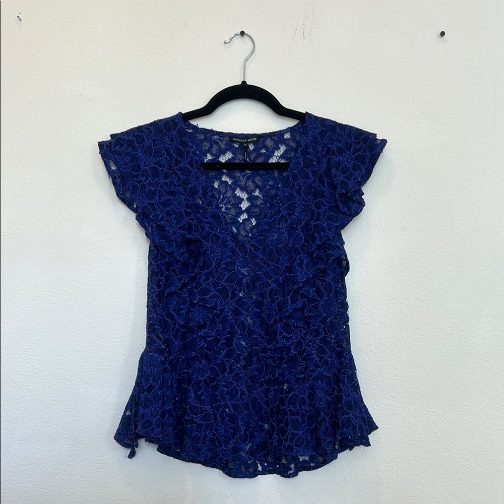 Marissa Webb Blue Ruffled Flutter Sleeve Blouse